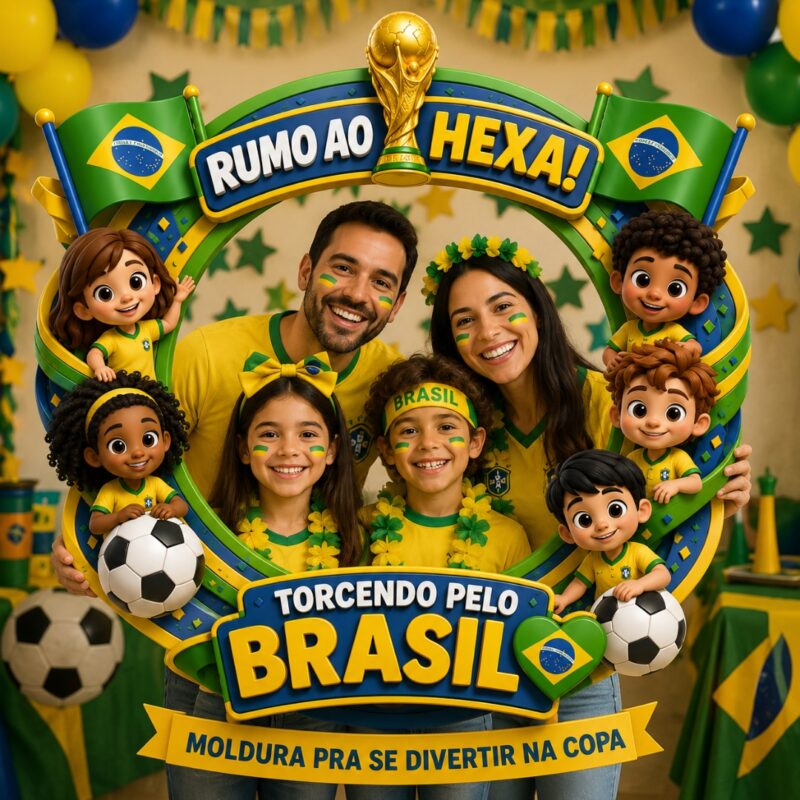 Moldura de fotos no tema Copa do Mundo, com uma proposta cheia de alegria, torcida e espírito esportivo para registrar momentos especiais. A arte valoriza as cores do Brasil, a paixão pelo futebol e toda a energia dessa celebração tão marcante.