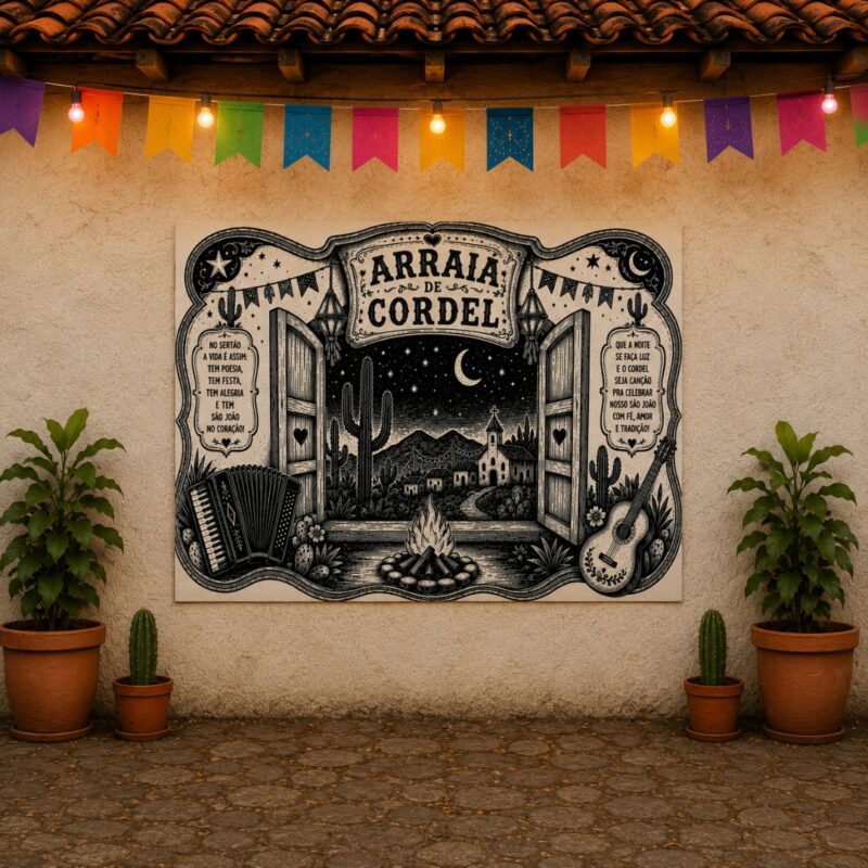 Painel no tema Arraiá Cordel, com uma proposta cheia de cultura, tradição e alegria para celebrar o São João. A arte valoriza o encanto nordestino, os versos populares, as cores juninas e toda a beleza dessa festa tão especial.